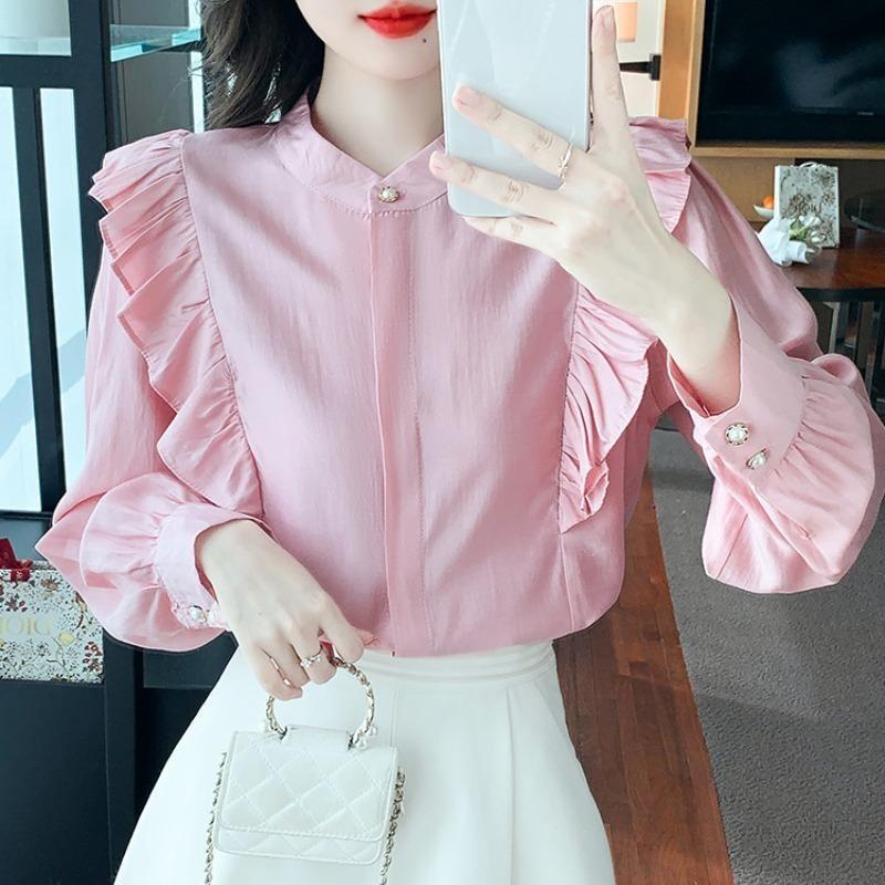 Móda Dámské O Krk Volánové Elegantní Dámské Blůzy Růžový Houbový Lem Dlouhý Rukáv Vintage Ležérní Košile Topy Jednobarevná Slim Fit Košile Dámské Oblečení 3404