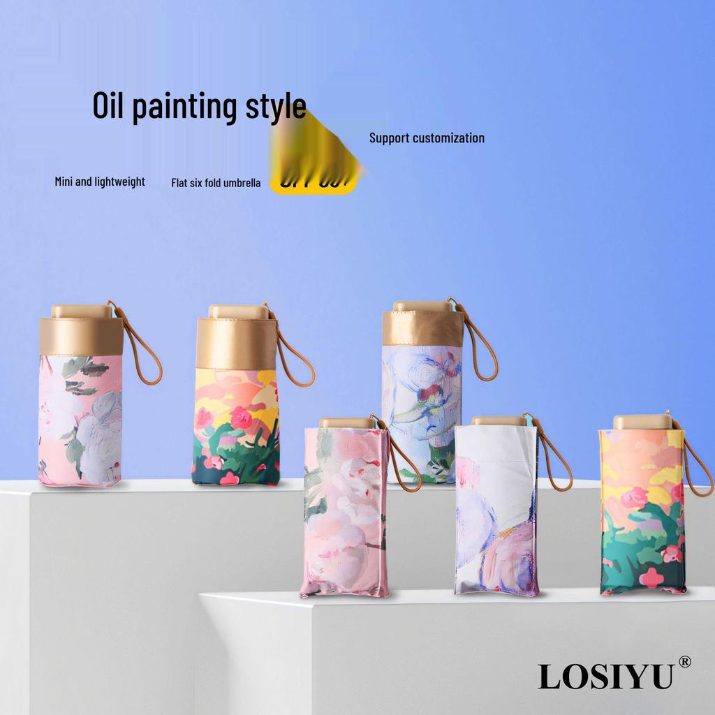 Kompaktní slunečník s dvojím použitím – Přenosný design olejomalby, Ochrana proti slunci/dešti, Anti-UV, Mini velikost