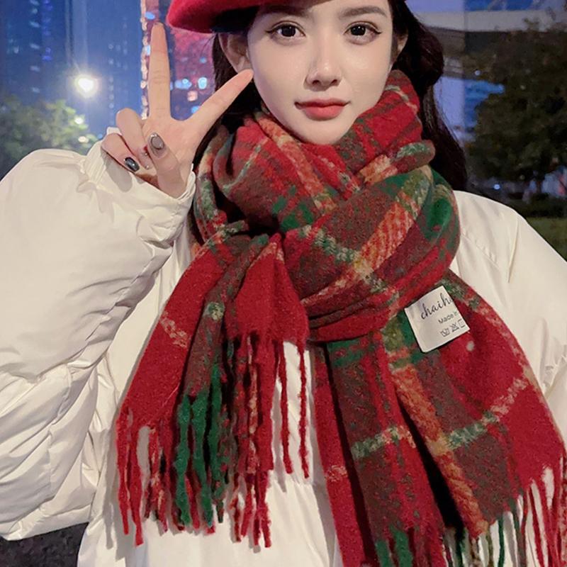 Autumn And Winter  Plaid Scarf For Women Korean Style Versatile Shawl Warm Christmas Wool Neck Scarf