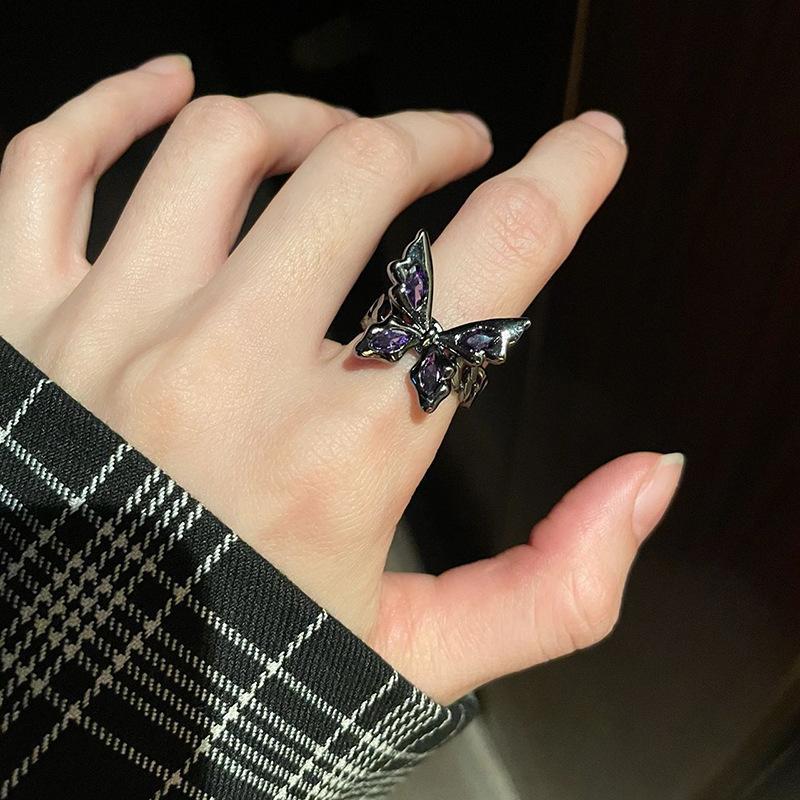 Niche Design Sense Dark Wind Butterfly Diamond Zircon High Sense Punk Retro Personality Trendy Cool Female Index Finger Ring
