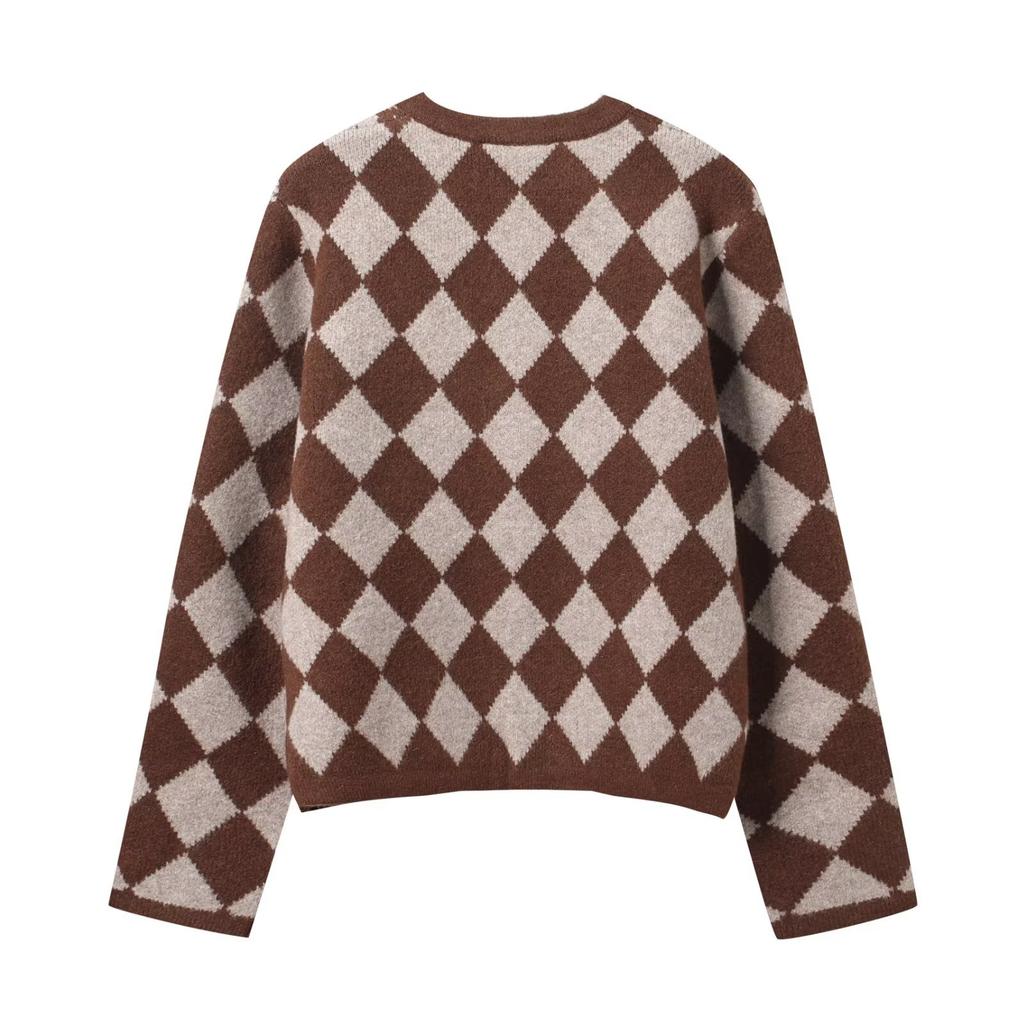  European and American style new women's fashionable versatile cross-border comfortable diamond-patterned jacquard knit jacket
