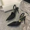 Fashion 2025 Pointed-Toe Diamond High Heels For Women, Black Tight French Sexy Luxury Hollow Sandals