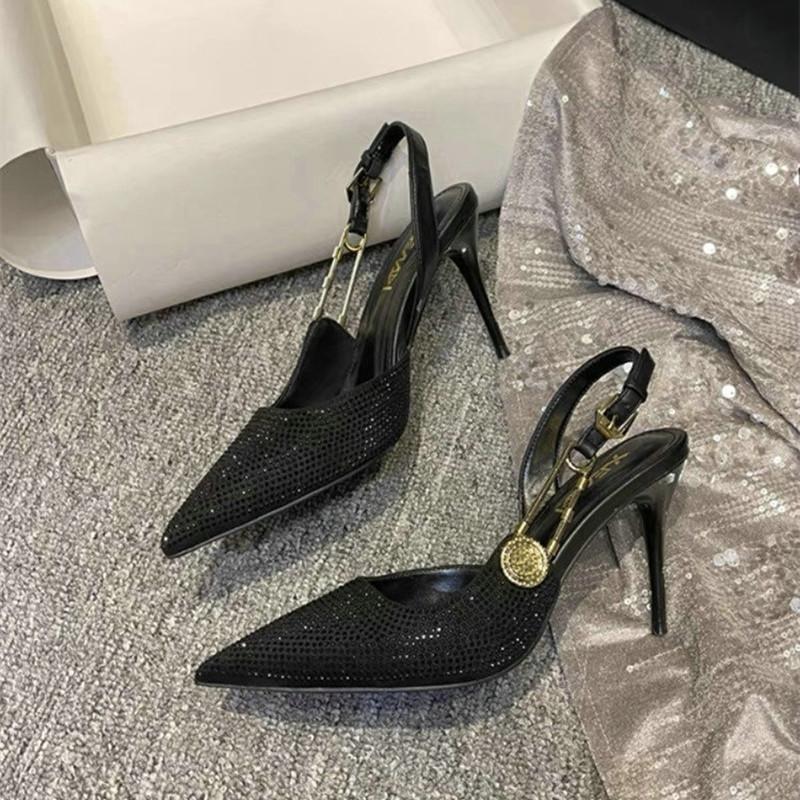Fashion 2025 Pointed-Toe Diamond High Heels For Women, Black Tight French Sexy Luxury Hollow Sandals