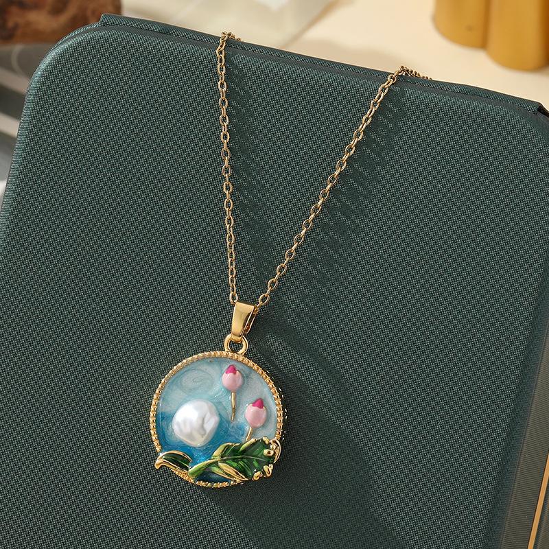 Monet-Inspired Flower Pendant Necklace, Hand-Painted, High-End Stainless Steel Clavicle Chain, New Chinese Style