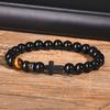 Religion Cross Men Women 8mm Natural Stone Tiger Eye & Black Matte Agates Bead Bracelet Elastic Bracelet Bangle Jewelry