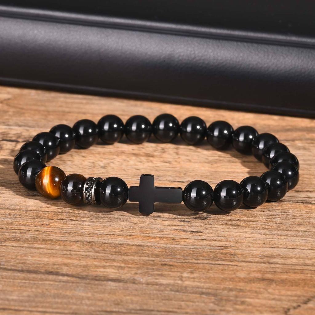 Religion Cross Men Women 8mm Natural Stone Tiger Eye & Black Matte Agates Bead Bracelet Elastic Bracelet Bangle Jewelry
