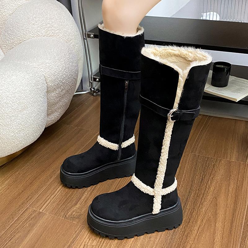 Women's High Tube Fce Lined Thi Winter Snow Boots Knot Velvet Warm Thi Bot Long Boots Korean Sle Ort Tube