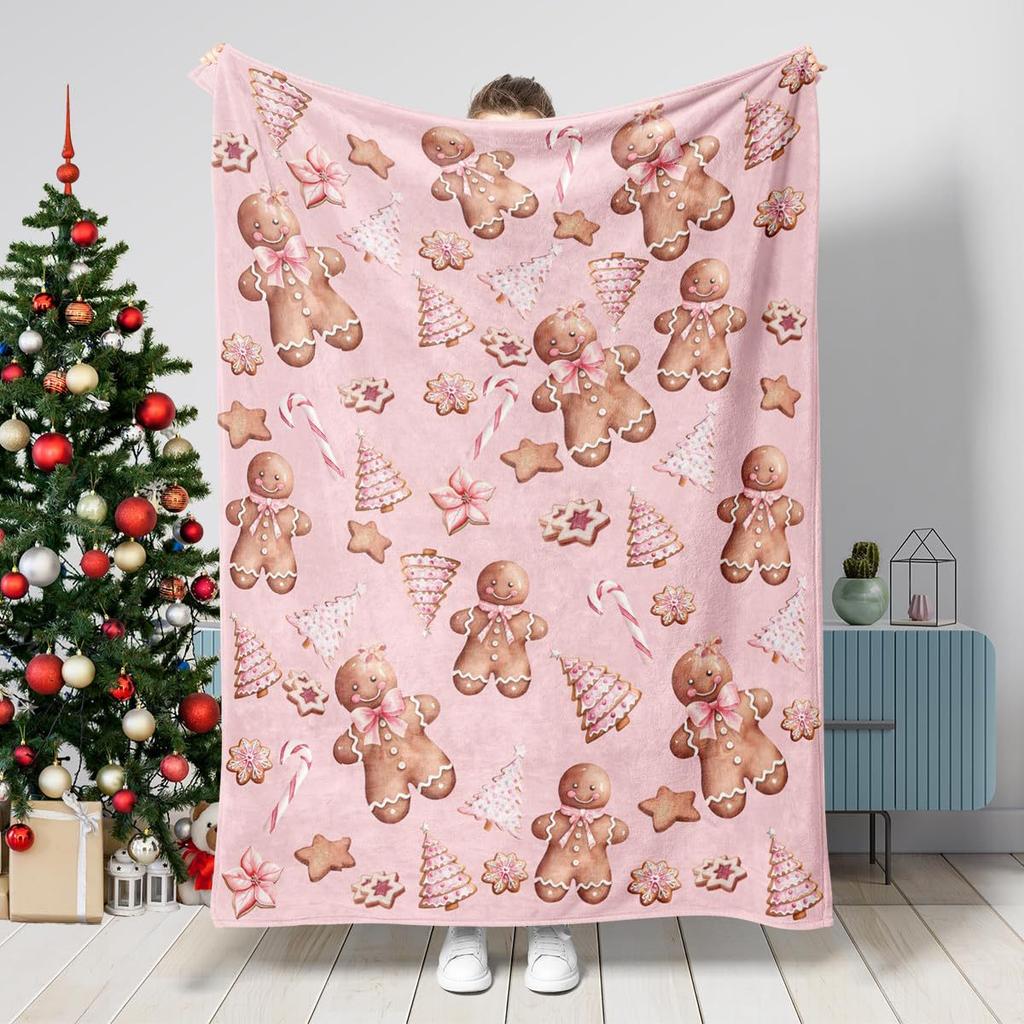 Christmas Gingerbread Man Digital-printed Polyester Bedroom Velvet Flannel Cover Blanket Fleece Soft Cover Blankets for Beds