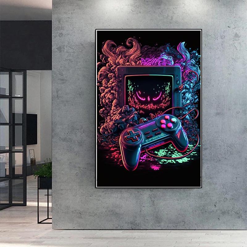 Cooles Gaming Wandbild Leinwandgemälde, Bunter Gamer Controller, Neon Pop Poster und Druck, E-Sports Raumdeko, Geschenk, Ohne Lichter
