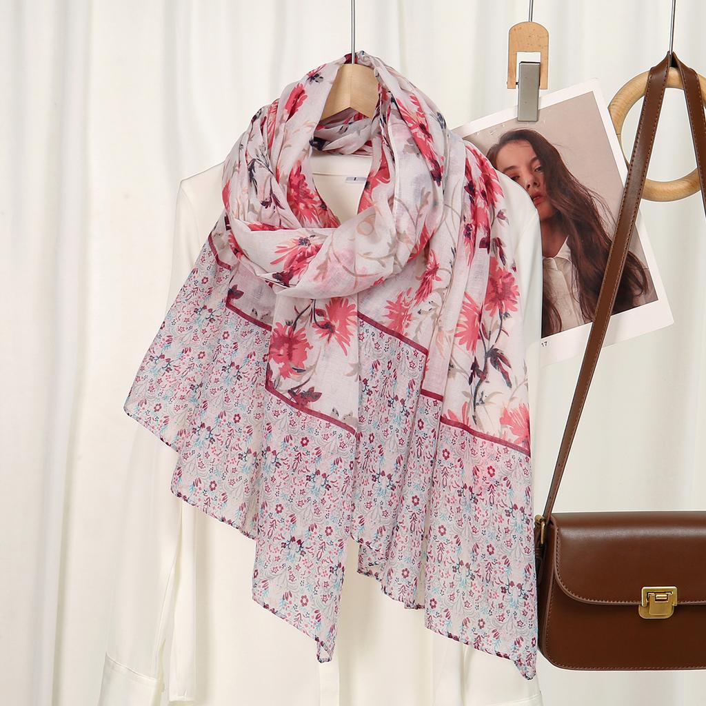 Stiksel Kleur Katoen Voile Hijab Dames Bloemenprint Sjaal Dunne Zachte Viscose Sjaal Moslim Kleurovergang Foulard Turban Zakdoek
