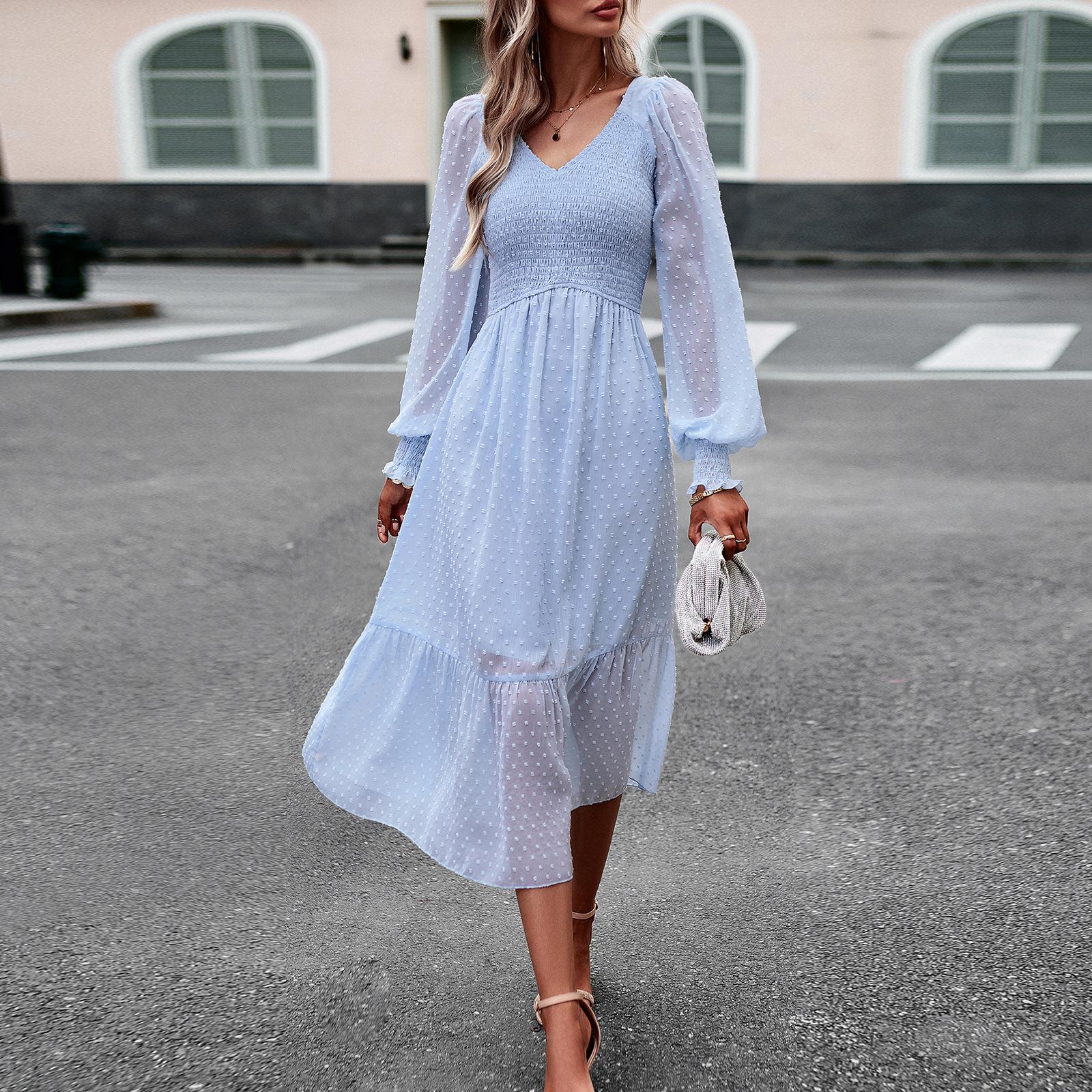 

Женщины весна осень V-образным вырезом с длинным рукавом сплошной цвет линия элегантные шикарные длинные платья XL светло-синий