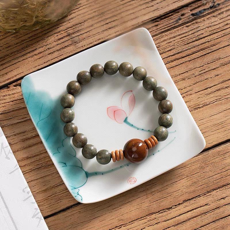 Green Sandalwood Buddhist Beads Bracelet - Single or Multi-Loop Options, Wenwan Wooden Crafts.
