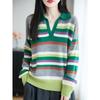 Women's Rainbow Striped Polo Collar Wool Sweater - Stylish, Slimming, Autumn/Winter Loose Fit
