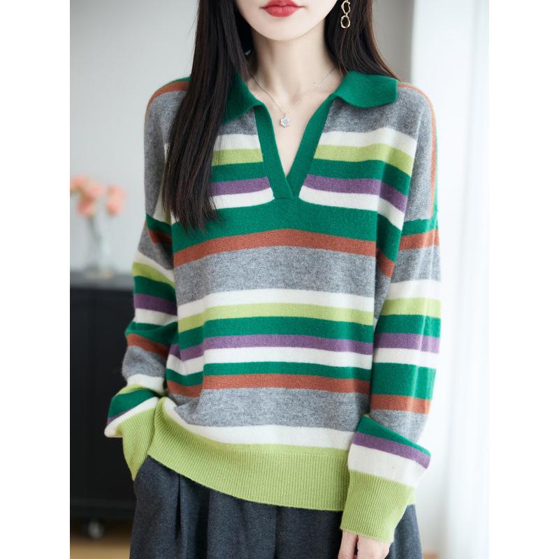 Women's Rainbow Striped Polo Collar Wool Sweater - Stylish, Slimming, Autumn/Winter Loose Fit