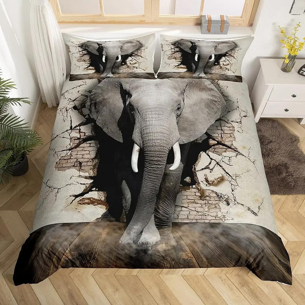 Comforter Cute Elephant Green Grass Bohemian Elephant Bedding Set Microfiber Safari Animals Comforter Twin King Size