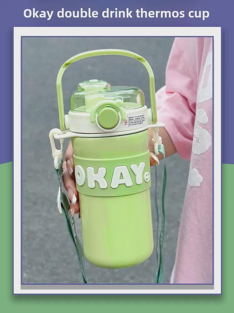 316 Stainless Steel Sports Thermos with Strap & Double Straw for Girls
