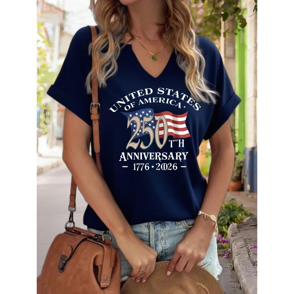 Women's V-Neck "USA 250th Anniversary 1776-2026" Graphic Tee, American Flag Print T-Shirt, Casual Patriotic Short Sleeve Top