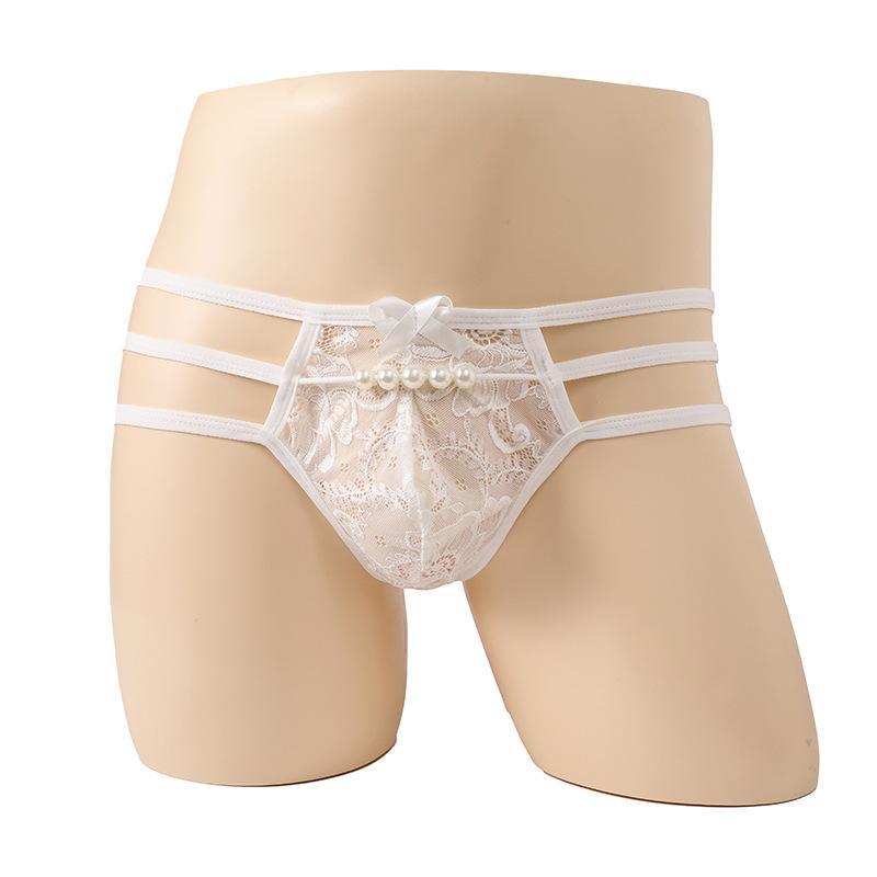 Sissy Pouch Lingerie Panties Men Pearl Bowknot Lace Panties Erotic See Through Thong Sex Naughty Gay Fetis Erotic Underwear