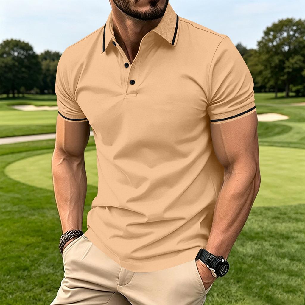 Men's Button Ribbed Collar Polo Shirt Short Sleeve Athletic Fit Casual Lightweight Breathable Fabric Summer Top