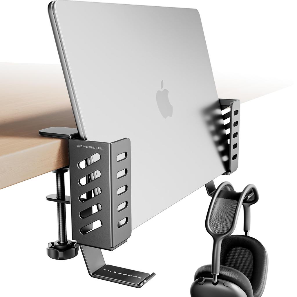SAPESEHE Vertical Laptop Stand, Deskside Storage Rack, Adjustable Width, Compatible with MacBooks, iPads, Tablets, Headphone Hook, Desktop Storage,