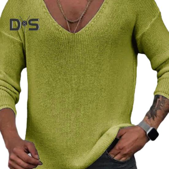 Men Spring Autumn V Neck Long Sleeve Sweater Loose Fit Solid Color Bottoming Pullover Tops Simple Casual Knitting Tee Tops