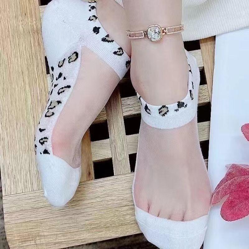 5 Pairs/set Women Slass Filament Fiber Spring and Summer Thin Transparent Leopard Socks Polyester Sock Lace Socks