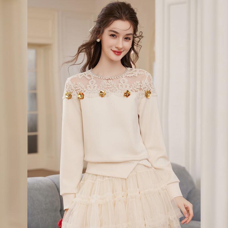 

Bailuyu Women s 2026 Spring Color-Block Sequin Floral Sweatshirt with Beaded Chain L