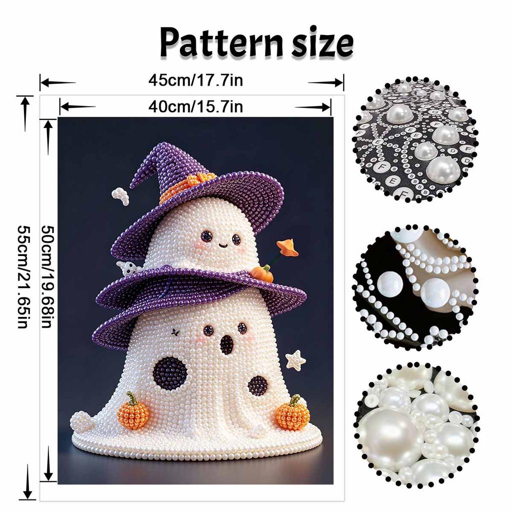 DIY Frameless Pearl Painting Kit Cute Ghost Halloween 3D Bead Art Canvas Relaxing Craft for Home Wall Decor Gift