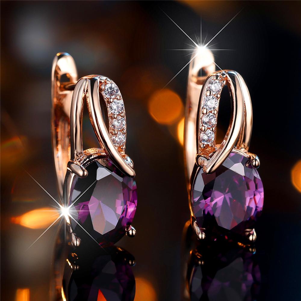 Luxury Female Purple Oval Zircon Stone Hoop Earrings Fashion Gold Color Wedding  For Women