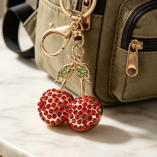 Cherry Keychain Sparkling Rhinestones Lobster Clasp Keyring Cute Fruit Bag Charm Birthday Gift for Women Girls