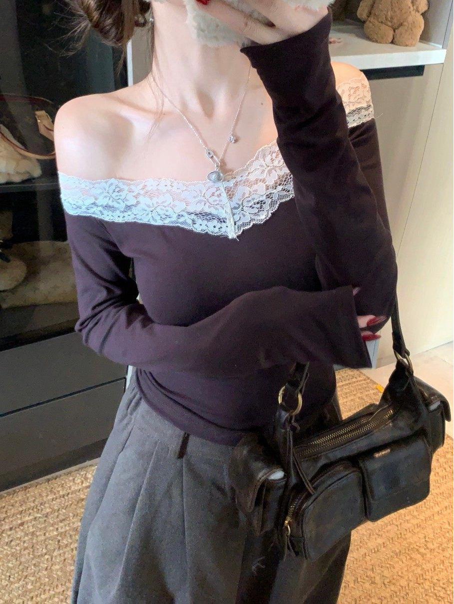 Spicy Girl Lace One-Shoulder Slim-Fit Long-Sleeve Tee - Women s New Spring/Autumn Style M