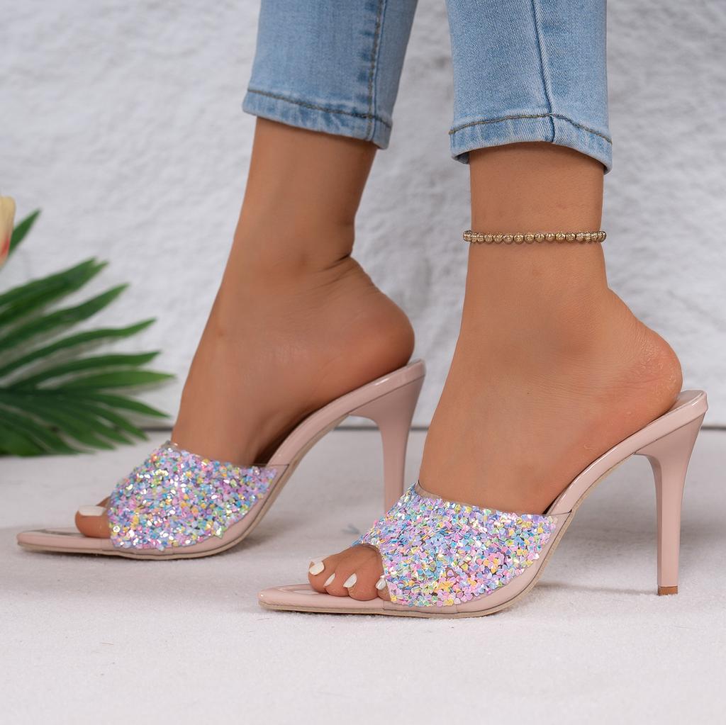 Fashion Summer Women Sandals Pointed Toe High Heels Shoes Women Fashion Crystal Heel Sandals Woman Shiny Sequins Banquet Party Shoes