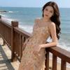 French Orange Floral Suspender Dress, New In Summer, Long Dress with Waist and Thin Split Lotus Leaf Edge