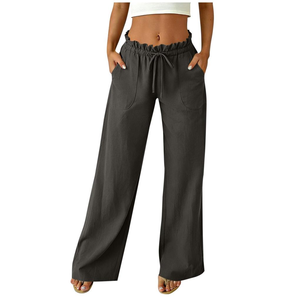 Women's Casual Relaxed Fit High-Waisted Belted Pocket Cotton-Linen Blend Trousers