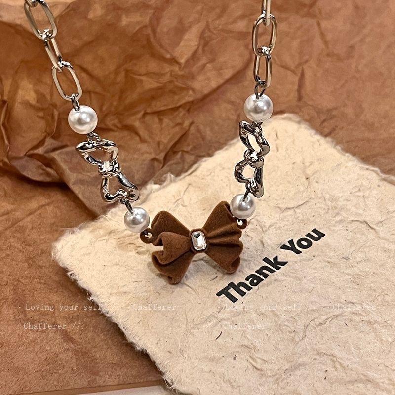 Flocking Bow Necklace Women's Retro Temperament Pearl Splicing Collarbone Chain New Trendy Versatile Neck Chain