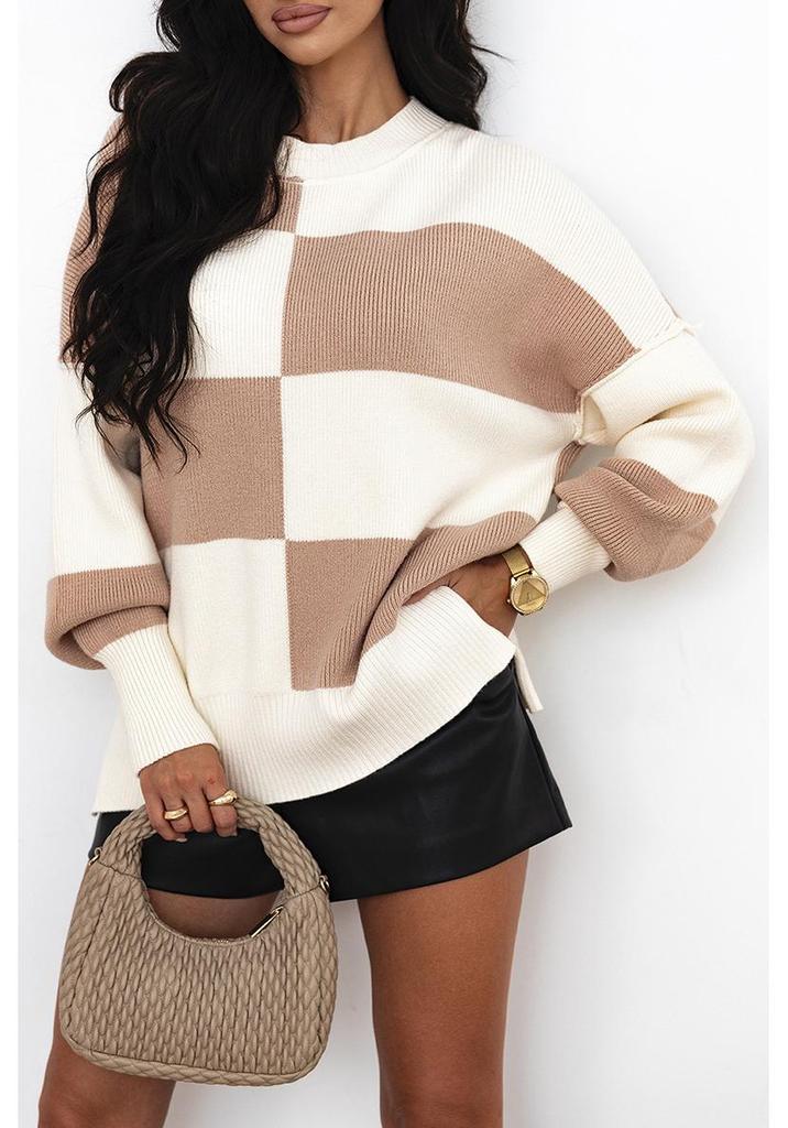 2025 Women's European & American Plaid Color Block Round Neck Sweater: Autumn/Winter Loose Drop Shoulder Knit Pullover