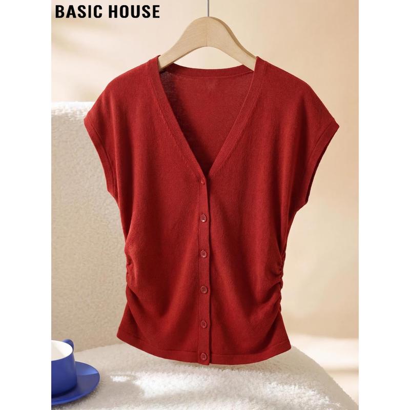 Basic House Women s Red Knit Flutter Sleeve Top XL