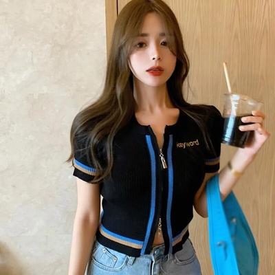 Sommer Frauen T-Shirt Mode O Neck Zipper Sexy Casual Nabel Ausgesetzt Kurzarm Gestrickte Tops