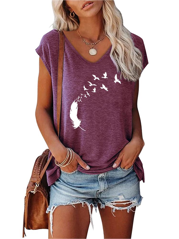 Women Print T-shirt Summer Fashion V Neck Short Sleeve Top Ladies Casual Tee Shirt
