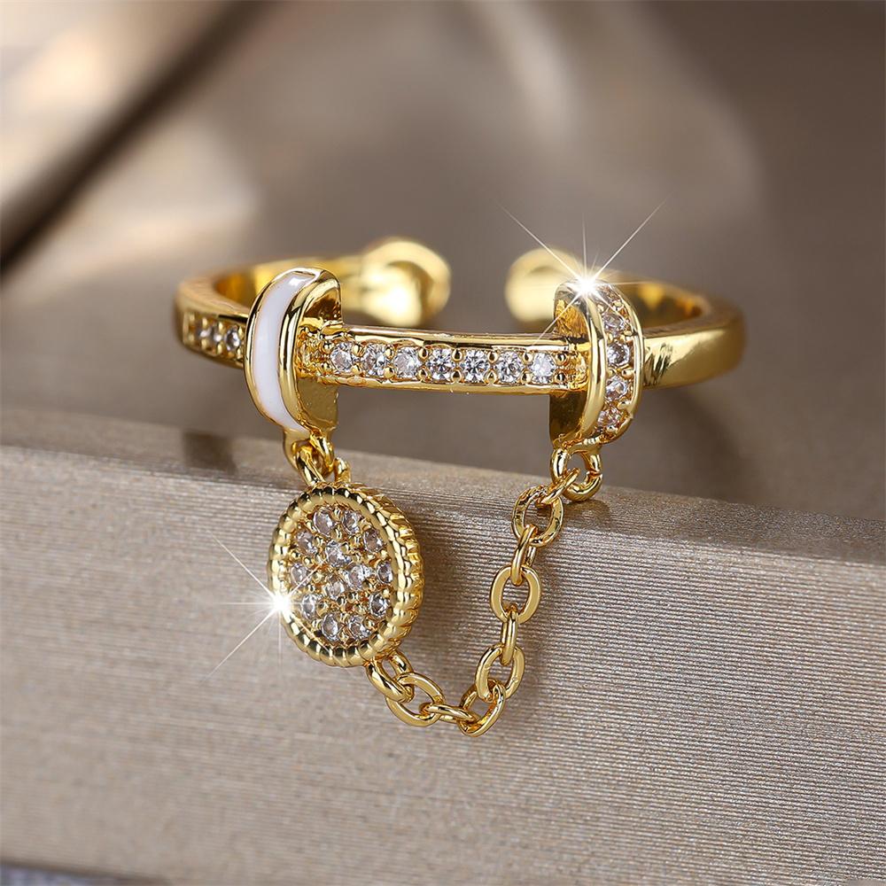 White Zircon Tassel Pendant Chains Opening Rings For Women Vintage Gold Color Engagement Wedding Jewelry Bridal Accessory Gifts