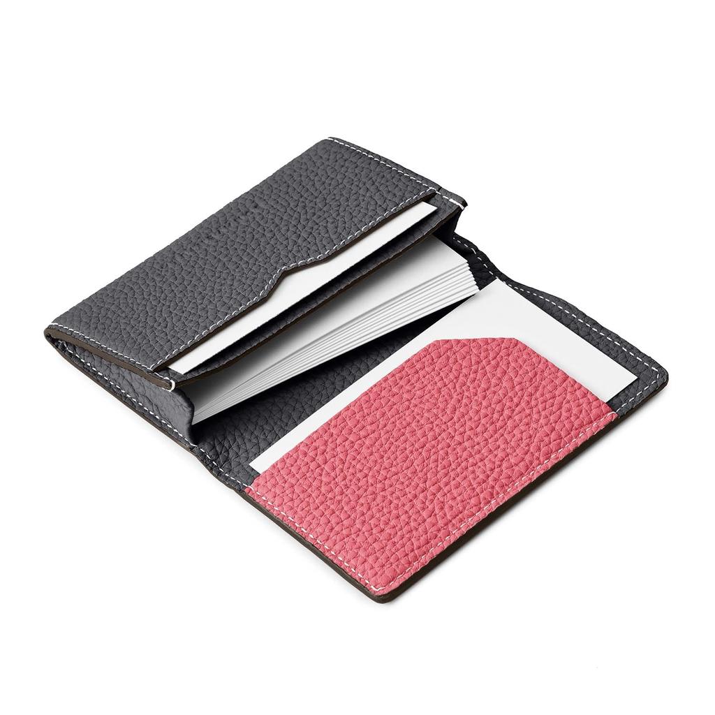 BONAVENTURA Business Card Case with Sleeve, Shrink Leather [Charcoal X Azalea], European-Grade Genuine Leather, Gift, BBUT3-CGAP