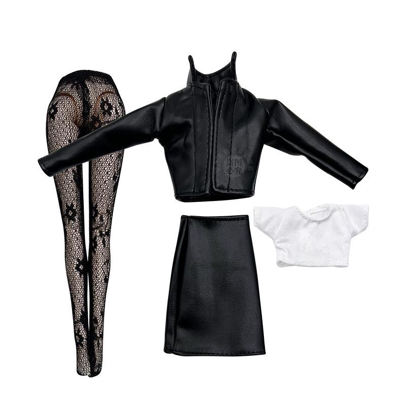 

Вбрання для модної ляльки 30 см: Чорні панчохи, шкіряна спідниця, чорна шкіряна куртка, футболка, діловий костюм та аксесуари.