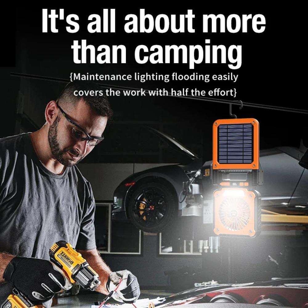 Solar 20000mAh portable electric fan with Led lights for tents, car camping hooks and usb&solar charging for hiking, fishing, pi