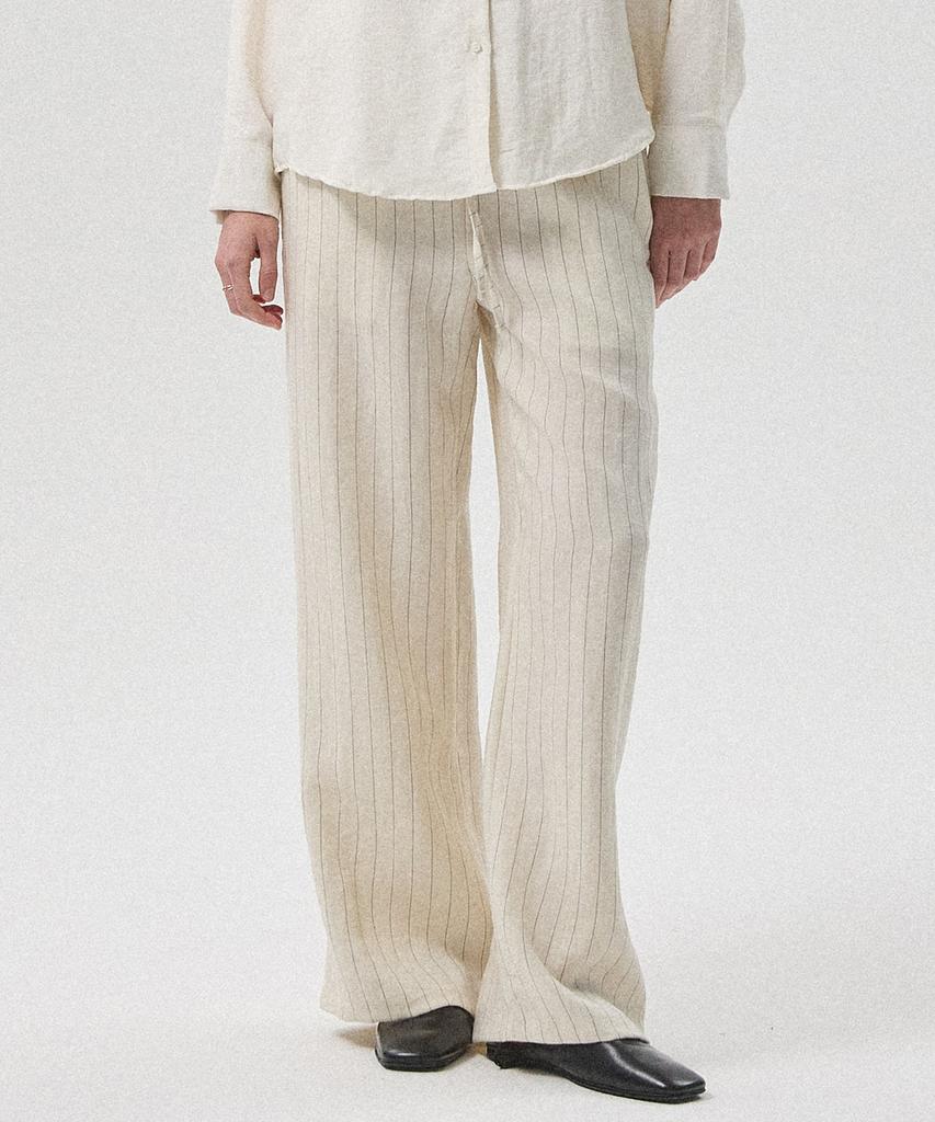 Aheule Sero Linen-Like Stripe Banding Wide Straight Pants_Beige