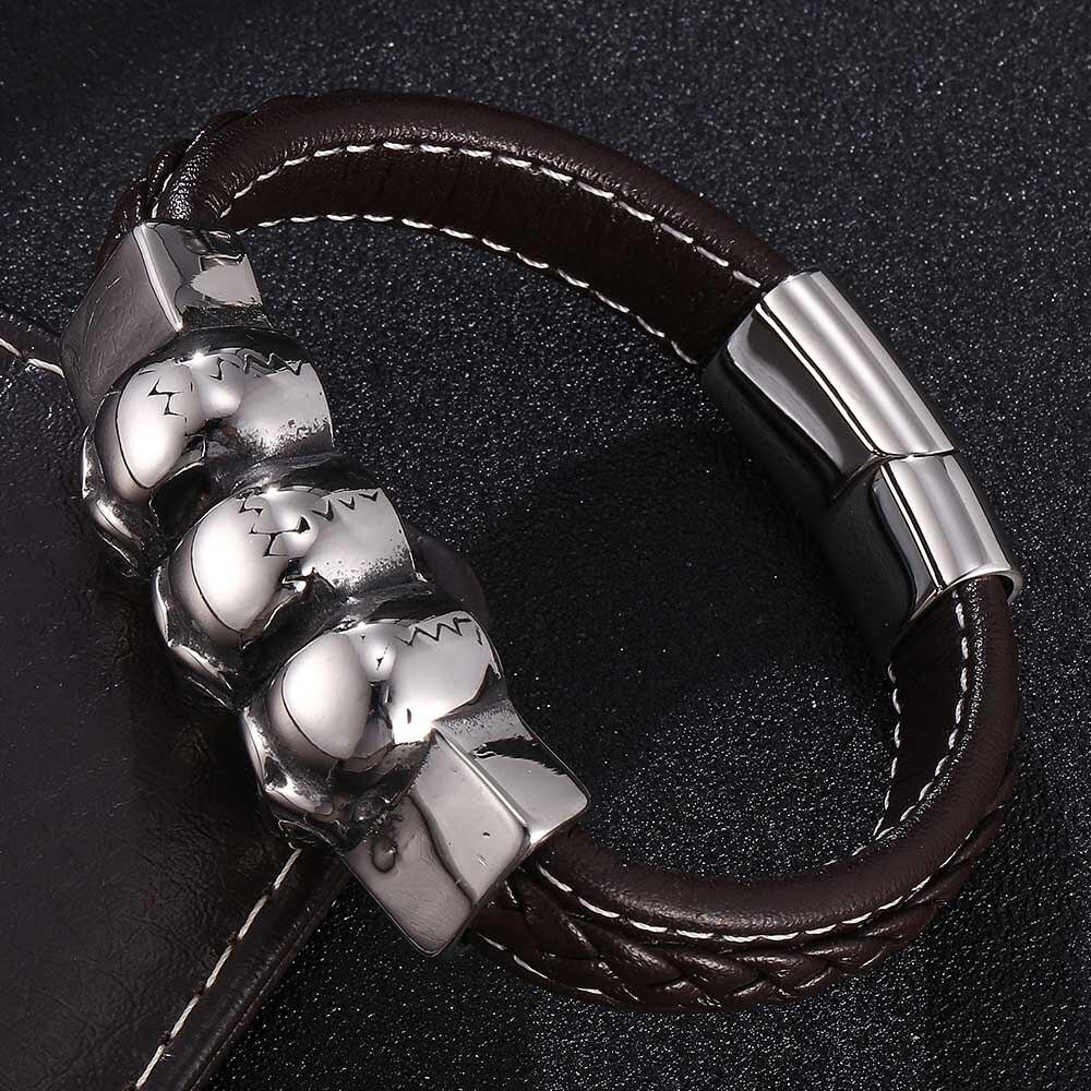 

Модный браслет с подвеской в виде черепа из нержавеющей стали и кожи, плетеный для мужчин, ювелирные изделия в виде черепа в стиле панк-браслетов, аксессуары 195mm коричневый