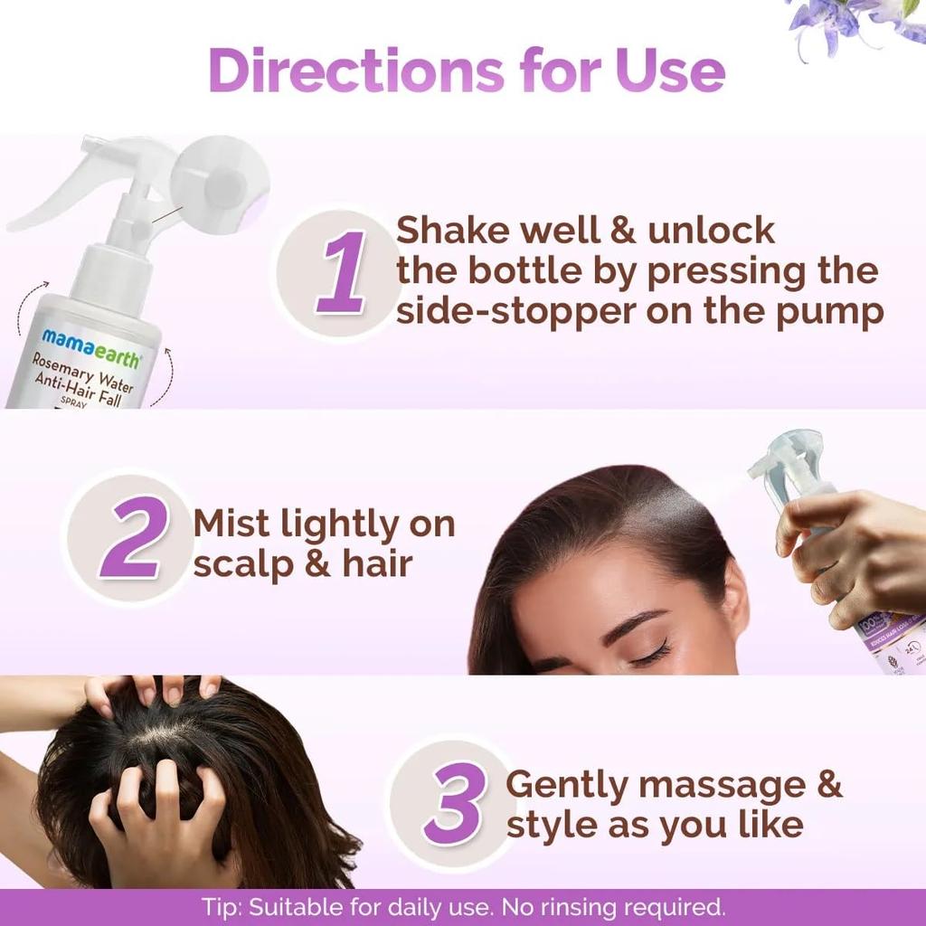 Mamaearth Rosemary Water Anti-Hair Fall Spray With Methi Dana For Stronger Denser Hair 200 ml With 24H Frizz Control Smooth Shine
