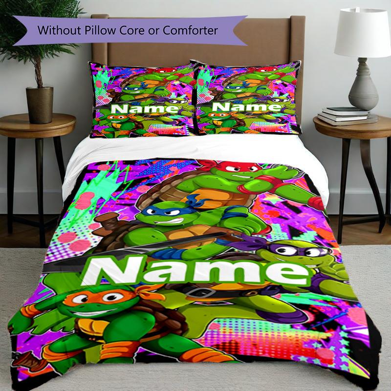 3pcs Duvet Cover Set (1*Duvet Cover + 2*Pillowcase, Without Core), Custom Name Teenage Mutant Ninja Turtles Pattern Bedding Set, Home Bedroom Decor Gi