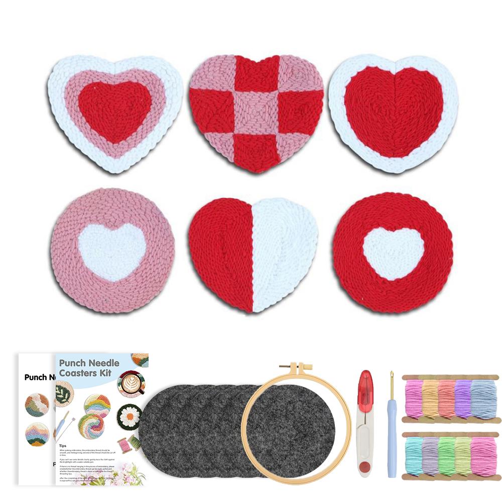 Valentine's Day Embroidery Kit Punch Needle Set Coaster Love Heart Cross Stitch Hand Tufted Magic DIY Craft Arts Sewing Set