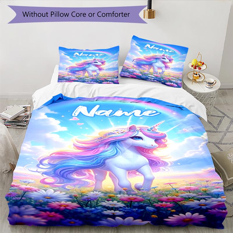 3pcs Custom Name Unicorn Bedding Set Duvet Cover Closure Includes 1 Duvet Cover & 2 Pillowcases, Soft and Comfortable for All Seasons.