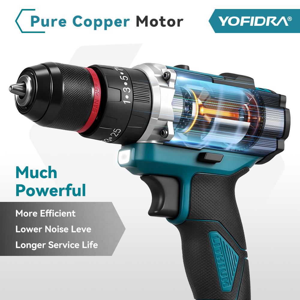 YOFIDRA 3IN1 Electric Impact Drill 25+3 Torque Handheld Cordless Impact Drill Woodworking Power Tool For Makita 21V Battery Pin